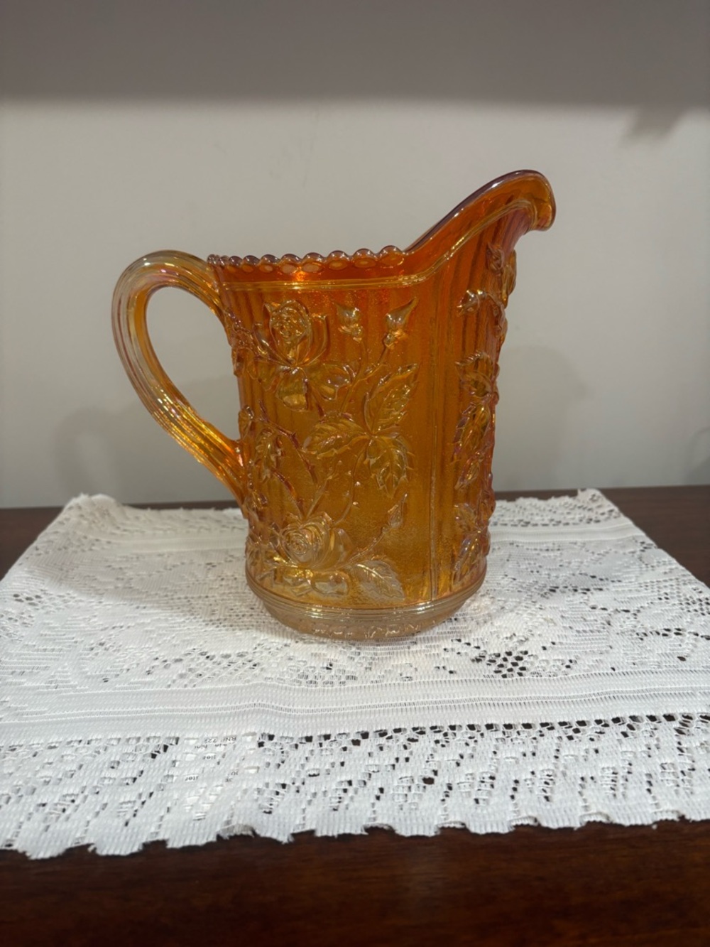 Amber Carnival Glass Floral Pitcher